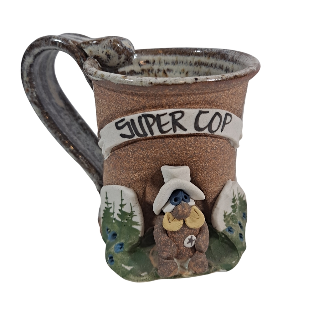 Stoneware Coffee Mug "Super Cop" Pottery Police Officer Hand Painted